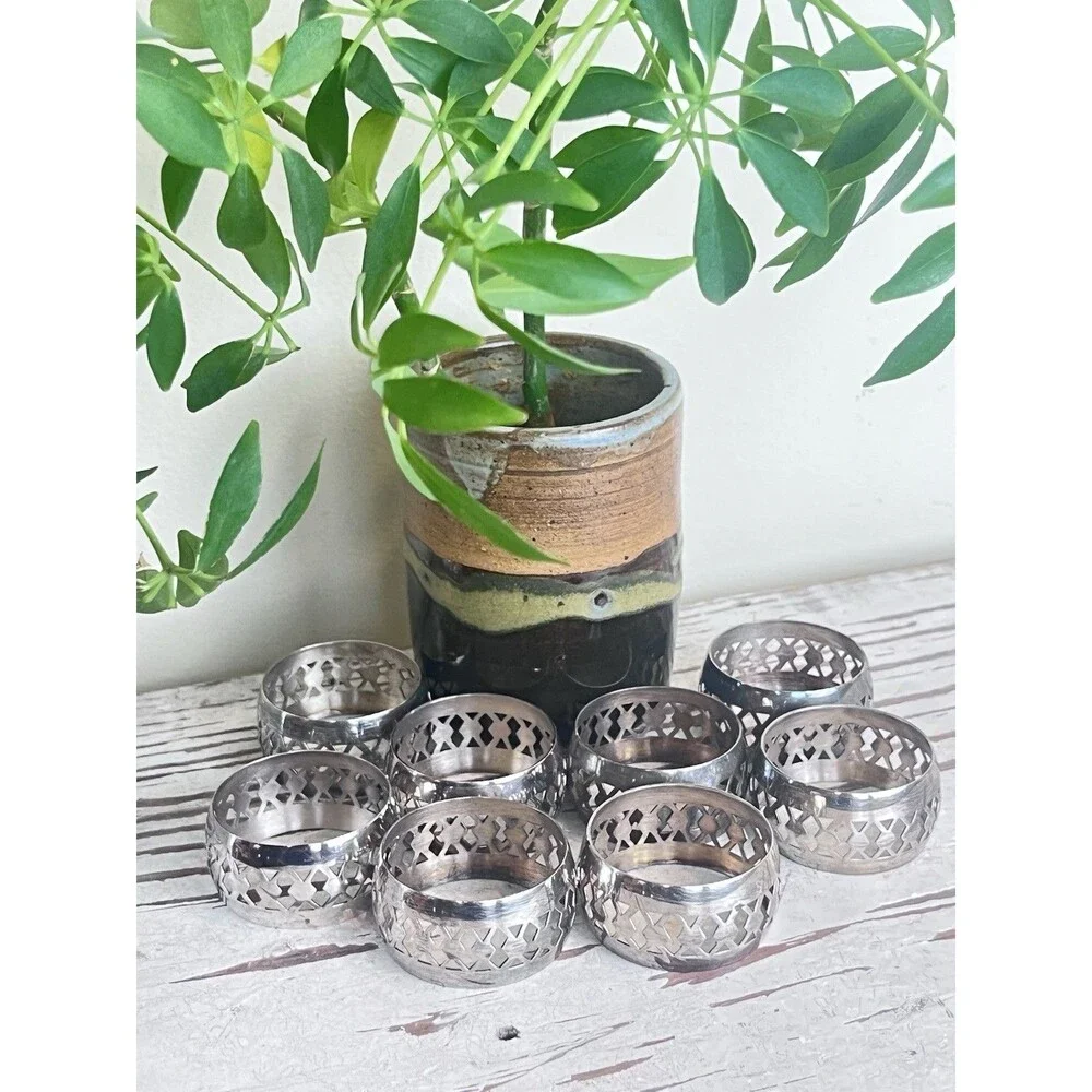 Vintage English Ornate Silver Plated EPNS Napkin Rings Tableware (Set Of 8)
